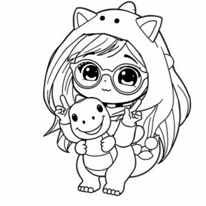 animation, white background, chibi, a little young girl, black eyes, long black hair, wearing cat-shaped glasses, wearing a dinosaur costume, holding a stuffed smiley dinosaur, doing a finger heart, full body