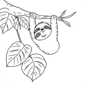 Một con lười hạnh phúc treo trên cành cây, được bao quanh bởi những chiếc lá lớn, đơn giản