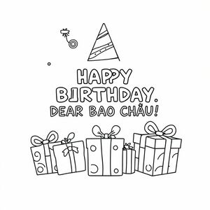 HAPPY BIRTHDAY, DEAR BAO CHAU!”, a birthday hat, birthday presents 
