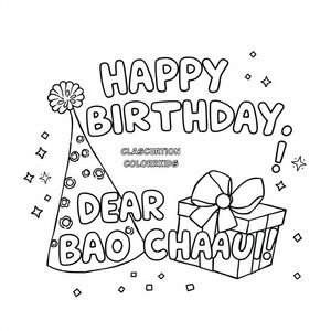 “HAPPY BIRTHDAY, DEAR BAO CHAU!”, a birthday hat, a birthday gift, confetti