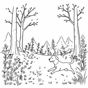 a forest. there are big trees. flowers. small animals. and there are labrubus playing