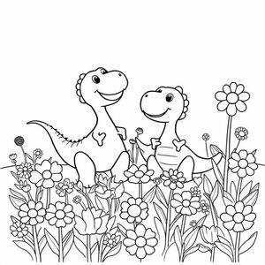 Hai con khủng long đang chơi đùa với mẹ trên cánh đồng hoa.