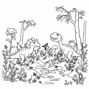 create a simple colorful coloring image. with a dinosaur family in the forest. eating grass. with wild flowers. stream
