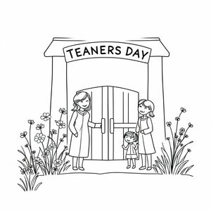 create a simple sharp coloring image. a greeting card for Vietnamese teachers' day. with wild flowers and grasses. simple. with teachers and friends. in a beautiful school gate
