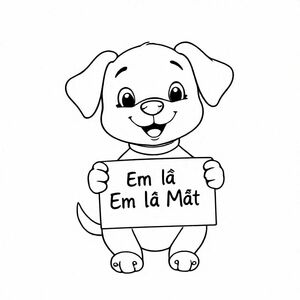 một chú cún dễ thương cầm một tấm biển ''Em là Mít '' bằng tiếng việt 