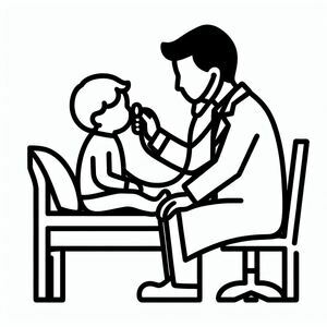 Bác sĩ đang khám bệnh cho bé trai ngồi trên giường