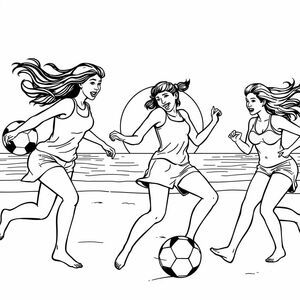 Phụ nữ chơi bóng đá bãi biển với hoàng hôn
