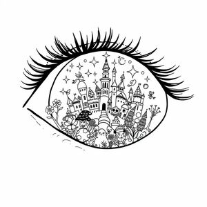 1 big round glittering eye, thick eyelashes. In the pupils is a whole mysterious world containing many things. 