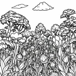 1 forest full of carnivorous plants with many shapes Cloudy sky