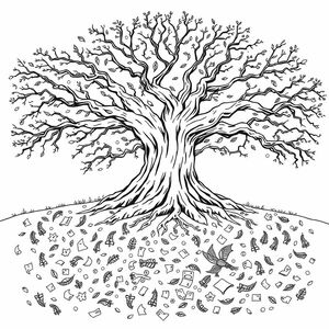 1 large tree with a wide canopy
Below the ground are fallen leaves and small scraps of paper covering the ground. 
Many detailed fantastical mysteries