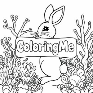 A profile view of a friendly bunny, holding a sign with "ColoringMe" written in white bubble letters, in profile, in a underwater coral reef kingdom, surrealist style