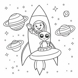 A delightful black line art coloring page for kids, set in a whimsical outer space scene. In the foreground, a rocket ship with a cheerful astronaut waving from the window, smiling and ready to greet the young colorists. To the side, a friendly alien in a UFO, with a round face and wide eyes, adds an extra touch of fun. Scattered around are a few planets with rings, and in the background, a sprinkling of twinkling stars. The simple and clean design allows children to easily bring the scene to life with their choice of colors., illustration