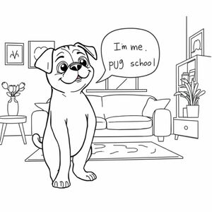 chú chó pug mũi đen, nói chuyện với chủ nhân về việc anh ấy đi học pug khi đứng trong phòng khách