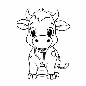  cheerful cow with big eyes and a bell around its neck