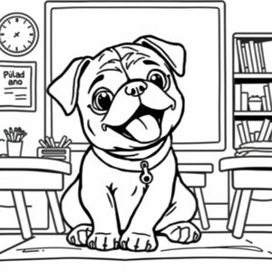 một chú chó con pug vui chơi trong lớp học