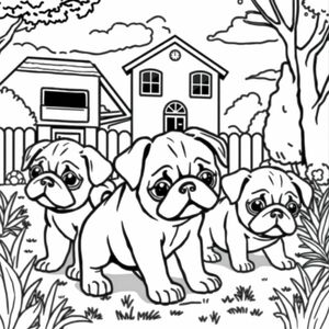 pug puppy playing in school yard with other pug puppies 