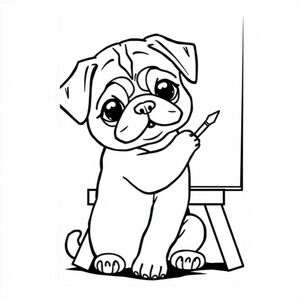 MỘT BỨC TRANH CHÓ CON PUG một tấm vải đang ngồi trên giá vẽ