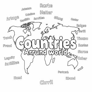 using bubble letters write Countries Around the world in the middle of page and all around write different countries names in English language and bubble letters