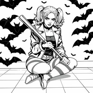 Một hình minh họa truyện tranh nền đen và trắng duy nhất của Harley Quinn.  Một phụ nữ trưởng thành trẻ, người da trắng, được miêu tả ngồi trên sàn lát gạch. Cô ấy đang cầm một cây gậy bóng chày.  Harley mặc một chiếc áo khoác da đen và trắng, áo đen và tất sọc.  Tóc của cô ấy được tạo kiểu bím tóc. Cô ấy có một nét mặt nghiêm túc.  Cô ấy được đặt ở trung tâm của hình ảnh, nghiêng người về phía trước. Cơ thể cô ấy nghiêng trong tư thế ngồi, nhìn thẳng vào người xem.  Bố cục rất năng động, thu hút sự chú ý đến tư thế kiên quyết của Harley.  Phong cách là truyện tranh, với đường nét chi tiết.  Nền có môi trường dơi cách điệu.  Ánh sáng nhấn mạnh hình dáng của Harley và con dơi, tạo ra sự tương phản ấn tượng.  Biểu cảm và tư thế của Harley gợi ý một cảnh xung đột hoặc một khoảnh khắc trước khi hành động.
