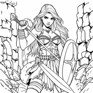 A female warrior, likely in her late twenties, is depicted in a dynamic pose.  She is light-skinned, with long, flowing blonde hair.  Her expression is determined and focused, with a serious gaze. She is wearing a low-cut top, possibly a chainmail or embellished bodice, and has a decorative chain belt.  She has a muscular but not overly exaggerated figure.  She holds a large sword in her right hand and a shield in her left.  A large snake is depicted wrapping around and behind her. The setting is a stylized ancient battlefield or arena, with crumbling stone walls and rocky terrain. The character is positioned in the center of the image, angled slightly to the right.  She is facing the viewer, but also looking at the snake which is in front of her. The composition is dramatic, with strong lines and shading to create a dynamic tension. The colors are primarily shades of black and white, reflecting a comic book illustration style. The image has a gritty, detailed, and heroic atmosphere.  The perspective is a three-quarter view, and the focus is on the character's actions and power.  Important details include the intricate details of the warrior's clothing, the snake's form, and the ruggedness of the environment.