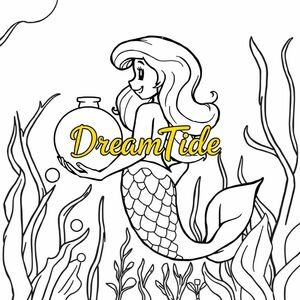 A side view of a cheerful mermaid holding a glowing orb with "DreamTide" written in golden cursive letters, in a bioluminescent underwater forest, in a fantasy art style.


