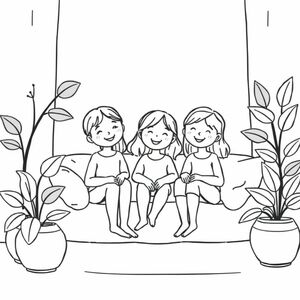 Một bức tranh tô màu ấm cúng dễ thương của 3 cô gái ngồi xung quanh trong một môi trường ấm cúng với cây cối xung quanh và đó là khung cảnh ấm cúng ấm