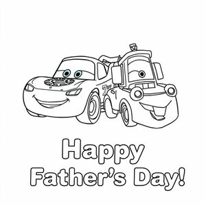 Character Lightening McQueen và Tow Mater, với dòng chữ tô màu "Chúc mừng Ngày của Cha!"