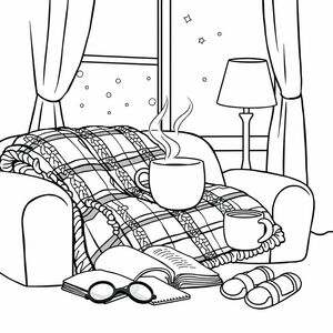 Wool blanket, steaming mug and subdued light from a lamp

Elements to illustrate:
	- Textured plaid (twists, thick knit), rolled up on a sofa
	- Handmade ceramic mug, black tea, gentle steam
	- Lamp with fabric shade, oval light halo
	- Closed book, glasses, slippers on the floor
	- Evening atmosphere: curtains drawn, window with a few stars
