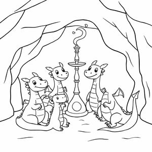 A group of dragons in a cave smoking a hookah cartoon coloring page 