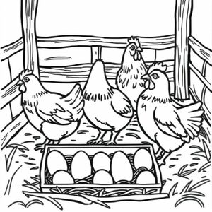 chickens in a pen and show nesting boxes with eggs in them
