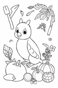 Make simple black and white sketch drawing like a colorful page. Animals, tools, fruits and vegetables