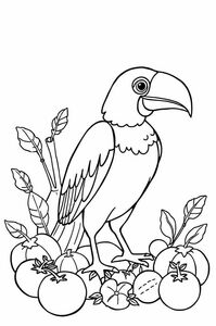 Make simple black and white sketch drawing like a colorful page. Animals, tools, fruits and vegetables