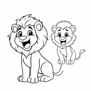 Generate an image with a colored illustration of 'a brave little lion' 'roaring with excitement' on the left side, and the same illustration in a black-and-white outline on the right side. Include 'a fluffy mane, bright eyes, and friendly vibes' to enhance the image. Both sections should have a white background