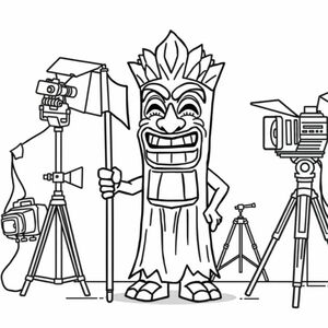 A tiki character working on a tv and film set with his job being a grip