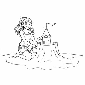 A teenage girl and a 4 year old girl, building a sandcastle on the beach