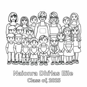 A playschool class photograph.  There is 20 children aged 4, 7 boys and 14 girls in the photo.  All 20 children are in the image.5 teachers are also in the picture. They are  5 woman, one of them has a bob haircut and is aged in her 30's, one has long hair and glasses aged in her 20's, one is a lady in her 60's, with short curly hair and wears an apron. One woman has long curly wavy hair and no glasses, one lady has long straight hair and no glasses. There is only one woman in an apron, and only one women wearing glasses. On the bottom of the picture it has printed "Naíonra Dhúrlas Éile Class of 2025"