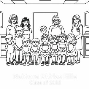 the image is 20 playschool children and 5 teachers. A playschool class photograph in a classroom setting.  There is 7 boys and 14 girls in the photo aged 4. 5 teachers are also in the picture. They are  5 woman, one of them has a bob haircut and is aged in her 30's, one has long dark hair and glasses aged in her 20's, one is a lady in her 60's, with short curly hair and wears an apron. One woman has long  wavy hair and no glasses and no apron, one lady has long straight hair and no glasses. . On the bottom of the picture it has printed "Naíonra Dhúrlas Éile Class of 2025"