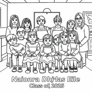 Hình ảnh là 20 học sinh playschool và 5 giáo viên. Một bức ảnh lớp học trong môi trường lớp học.  Có 7 bé trai và 14 bé gái trong bức ảnh 4 tuổi. 5 giáo viên cũng có mặt trong bức tranh. Họ là 5 phụ nữ, một trong số họ cắt tóc bob, một người để tóc đen dài và đeo kính, một người là phụ nữ ở độ tuổi 60, với mái tóc xoăn ngắn và đeo tạp dề. Một phụ nữ để tóc dài, không đeo kính và không có tạp dề, một phụ nữ để tóc dài thẳng, không đeo kính và không có tạp dề. Ở dưới cùng của bức tranh, nó được in đậm là "Naíonra Dhúrlas Éile Class of 2025".
đảm bảo hình ảnh có 20 trẻ em và 5 giáo viên
