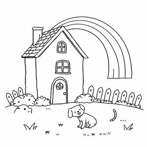 Coloring page with a house with a rainbow next to it and a cute dog playing with a cat 