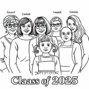 Class photograph. 5 lady teachers and a little girl aged 4. One teacher has a bob haircut and does not wear glasses with Corrie printed above her. She is positioned centre of the image with the child in front. The child has pigtails . One teacher has long dark hair and glasses with Leah printed above her. One teacher has short curly hair and wears an apron , no glasses, and is aged in her 60's, with Mamó printed above her. one teacher has long wavy hair with Ruth printed above her. One teacher has long straight hair with Laura printed above her. Printed at the bottom of the picture is "Class of 2025" in bold print.