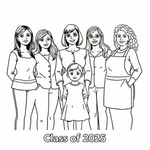 Class photograph. 5 lady teachers and a little girl aged 4. Teacher named "Corrie" is positioned in the middle with the child in front of her, she has a bob haircut and no glasses. The word "Corrie" is printed above her. Teacher named "Leah with long dark hair and glasses. Teacher named "Ruth" with long wavy hair. Teacher named "Laura" with long straight hair. Teacher named "Mamo" with short curly hair and wearing an apron is aged 60. Printed at the bottom of the picture is "Class of 2025" in bold print