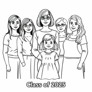 Class photograph. 5 lady teachers and a little girl aged 4. Teacher named "Corrie is positioned in the middle with the child in front of her. Corrie has a bob hairstyle and no glasses. Teacher named "Leah with long dark hair and glasses. Teacher named "Ruth" with long wavy hair. Teacher named "Laura" with long straight hair. Teacher named "Mamo" with short curly hair and wearing an apron is aged 70. Printed at the bottom of the picture is "Class of 2025" in bold print.