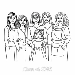 Class photograph. 5 lady teachers and a little girl aged 4. Teacher named "Corrie is positioned in the middle with the child in front of her. Corrie has a bob hairstyle and no glasses. Teacher named "Leah with long dark hair and glasses. Teacher named "Ruth" with long wavy hair. Teacher named "Laura" with long straight hair. Teacher named "Mamo" with short curly hair and wearing an apron is an older lady. Printed at the bottom of the picture is "Class of 2025" in bold print.