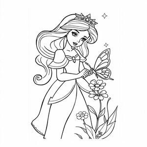 A princess with a magic wand and a butterfly that is picking a flower