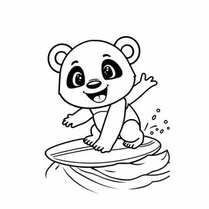 cute smiling panda riding on a surfboard in the ocean.