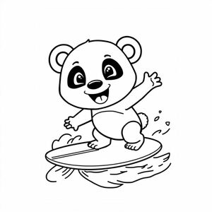Một chú gấu trúc mỉm cười dễ thương cưỡi ván lướt sóng trên bãi biển. Đảm bảo rằng gấu trúc này chỉ có hai tay và hai chân.