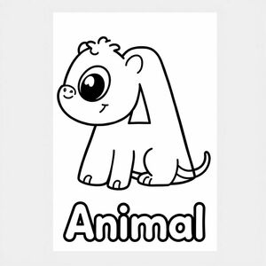 Cartoon friendly Animal starting with the letter A with solid black cartoon eye with the name of the animal underneath with a bubble outline to color in
