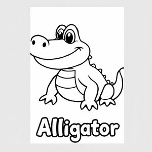 Cartoon friendly full-body Alligator with solid black cartoon eye with the name of "Alligator" underneath in a bubble outline to color 