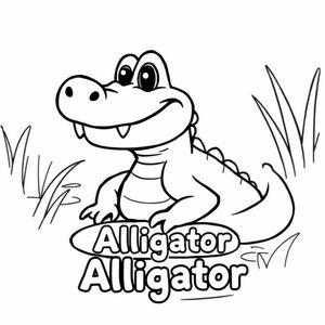 Cartoon friendly full-body Alligator smiling with teeth with solid black cartoon eye in a swamp with the name of "Alligator" underneath in a bubble outline to color 