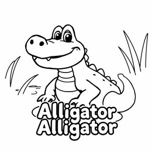 Cartoon friendly full-body Alligator that is smiling with teeth and a solid black cartoon eye in a swamp also the have the name "Alligator" underneath it in a bubble outline to color 